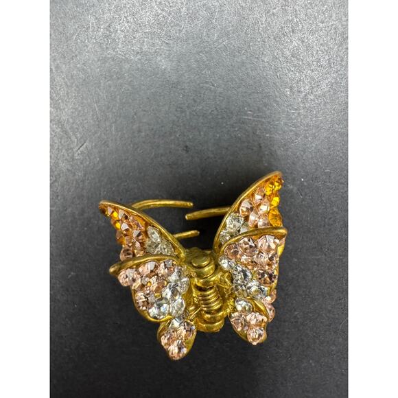 Vintage QS Signed Butterfly Hair Claws Metal Gold Tone Clear Rhinestones - Picture 5 of 10